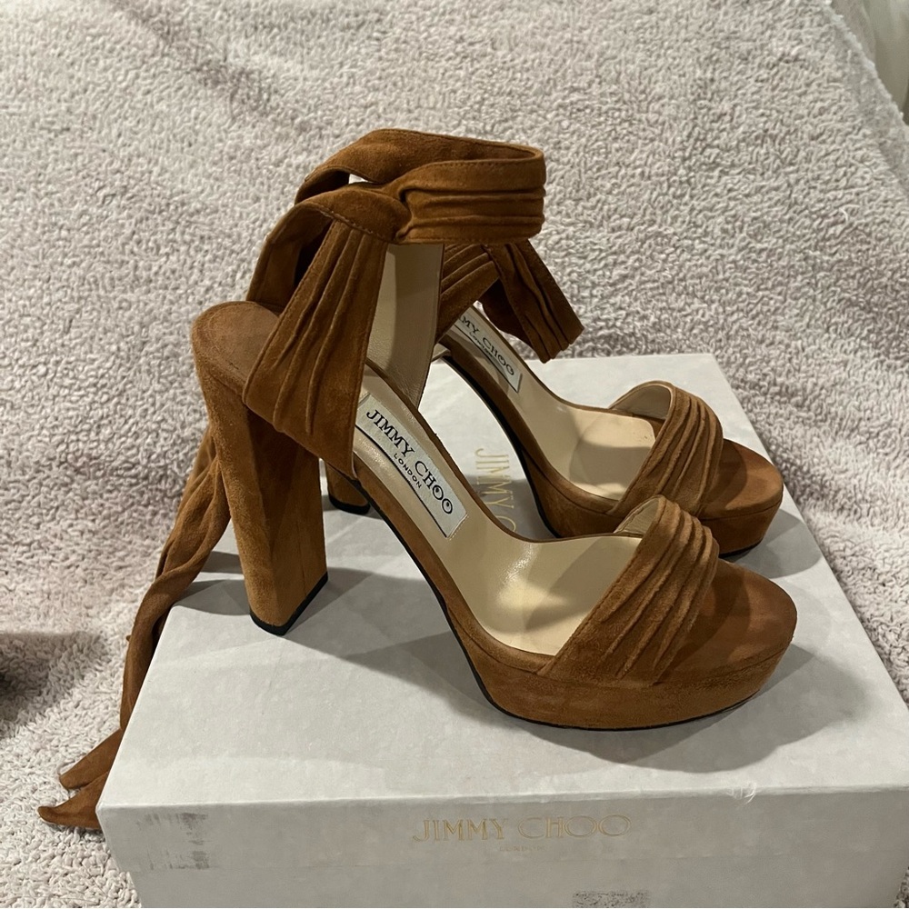 Jimmy Choo Tan Suede Katryn Platform Sandals